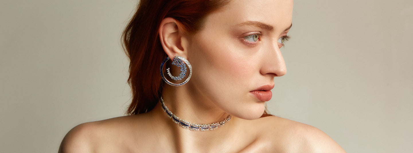 Ananya-Fine-Jewellery-Scatter-Collection-Petite-Regal-Choker-Blue-Sapphire-and-White-Sapphire-Diamond-Ombré-Hoop-Earrings