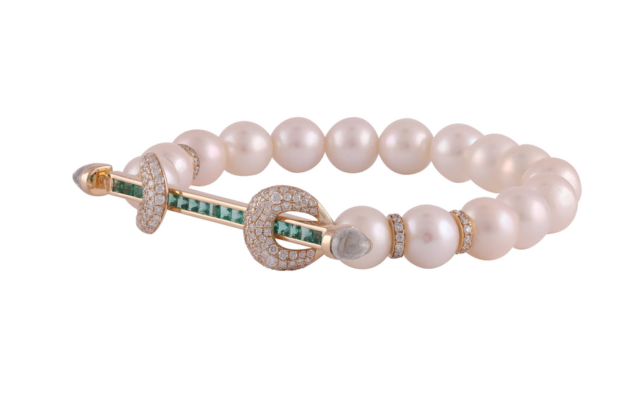Pearl and Emerald Chakra Bracelet, Yellow Gold
