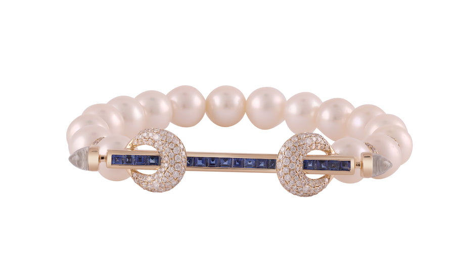 Pearl and Blue Sapphire Chakra Bracelet, Yellow Gold