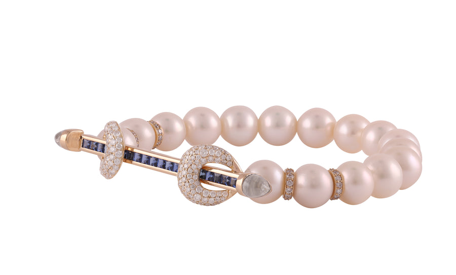 Pearl and Blue Sapphire Chakra Bracelet, Yellow Gold